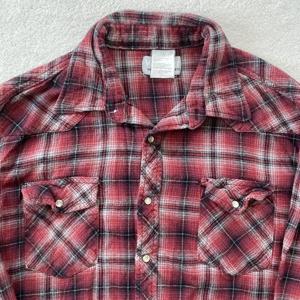 90s Vintage Wrangler Wrancher Mens XL Shirt Red Plaid Flannel Western Pearl Snap